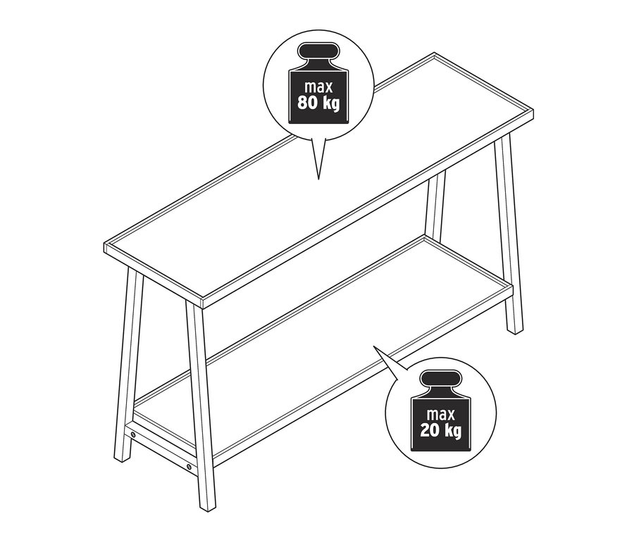 Nákres konzolového stolíka s 2 policami. Horná polica má nosnosť 80 kg, spodná polica 20 kg.