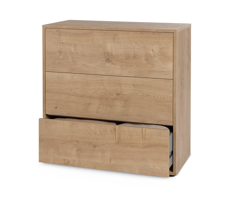 Regálový modul Flemming s dekorom dubového dreva, cca 75 x 75 cm, s 3 zásuvkami, jeden je otvorený.