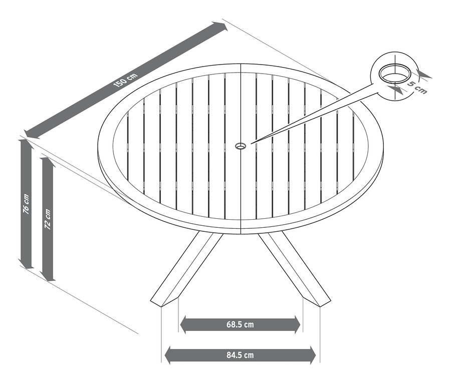 Diagram jedálenského stola z tíkového dreva s moderným dizajnom nôh do X a rozmermi 150 cm x 76 cm.