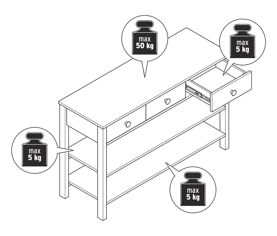 Nákres príborníka so zásuvkami, jeden z nich je otvorený.