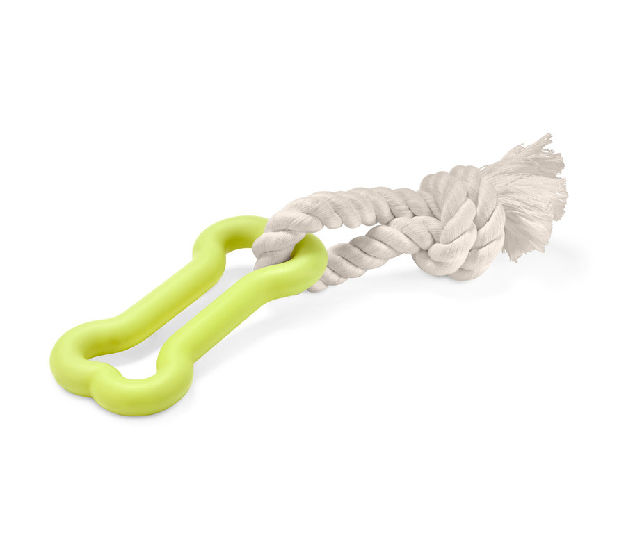Hračka pre psy: Zelená kosť spojená s uzlom z bieleho lana.