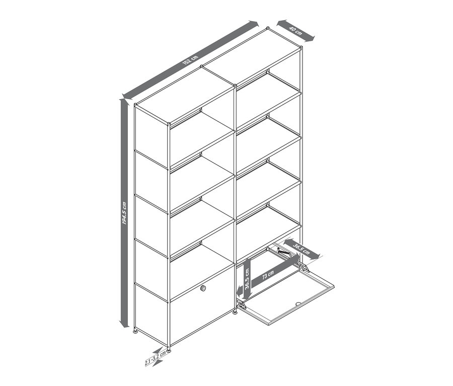 Nákres regálu »CN3« s 2 výklopnými dvierkami. Rozmery: výška 194,5 cm, šírka 152 cm, hĺbka 40 cm. Jedna zo skriniek je otvorená.