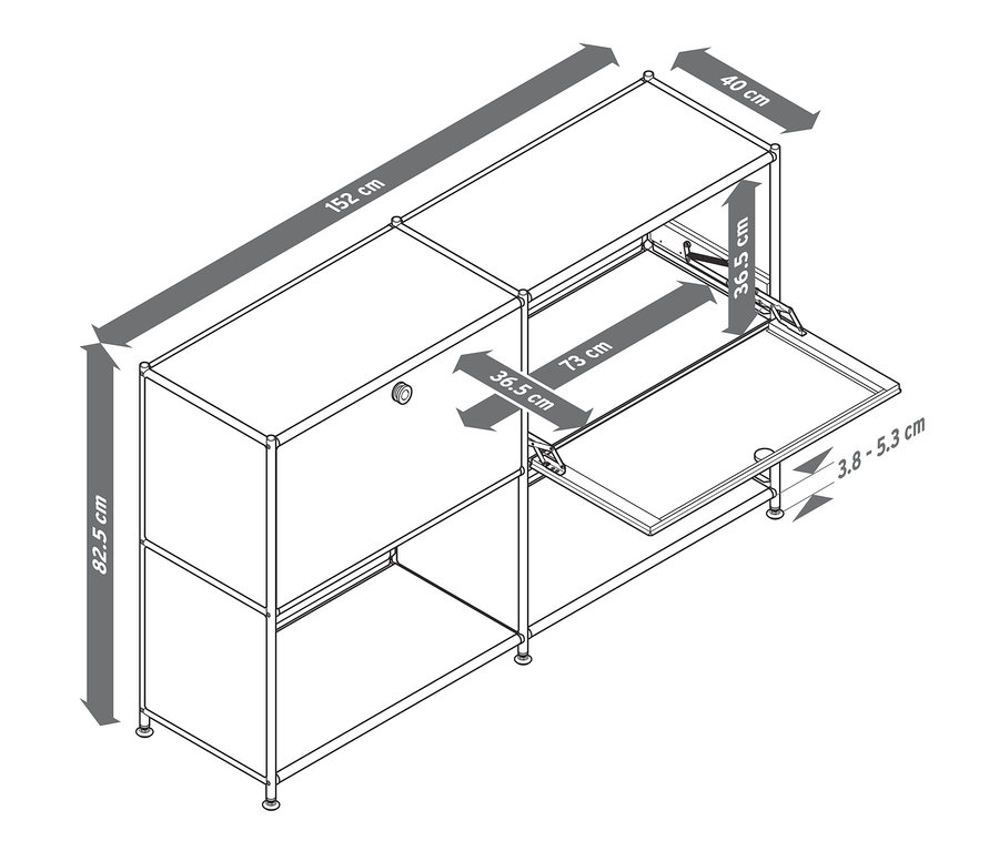 Nákres kovovej odkladacej skrinky »CN3« s 2 nastaviteľnými výklopnými priehradkami a rozmermi.