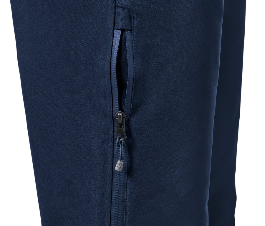 Detail modrých lyžiarskych nohavíc so zipsom.