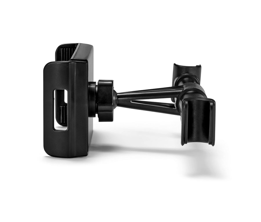 Detailný záber čierneho držiaka tabletu do auta.