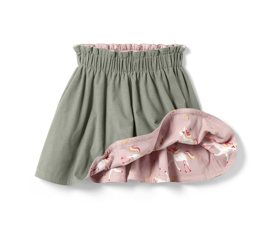 Detská obojstranná sukňa z menčestru, jedna strana je sivá a druhá ružová s potlačou jednorožcov.