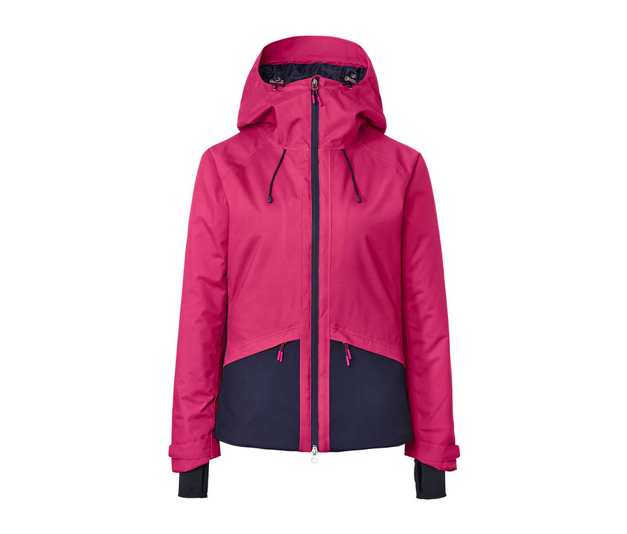 Ružovo-tmavomodrá lyžiarska bunda so zipsom a kapucňou.