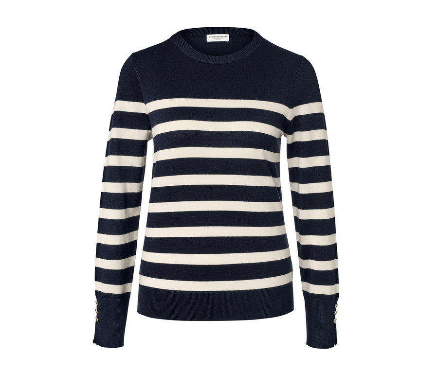 Tmavomodrý pruhovaný pulóver z jemného úpletu.