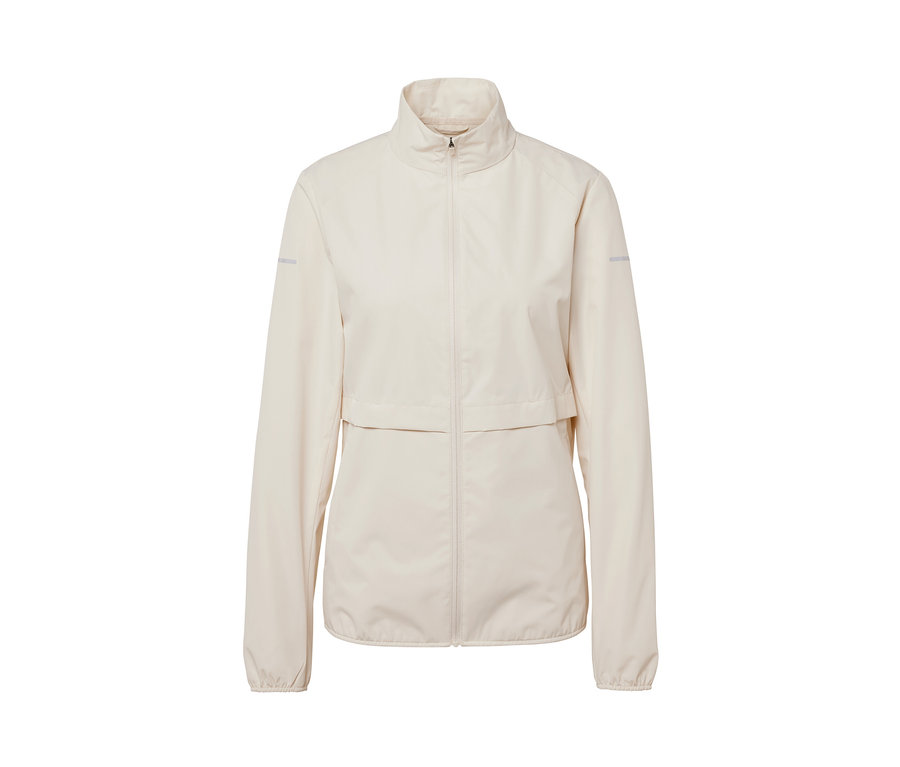 Krémová vetruvzdorná bežecká bunda so zipsom vpredu.