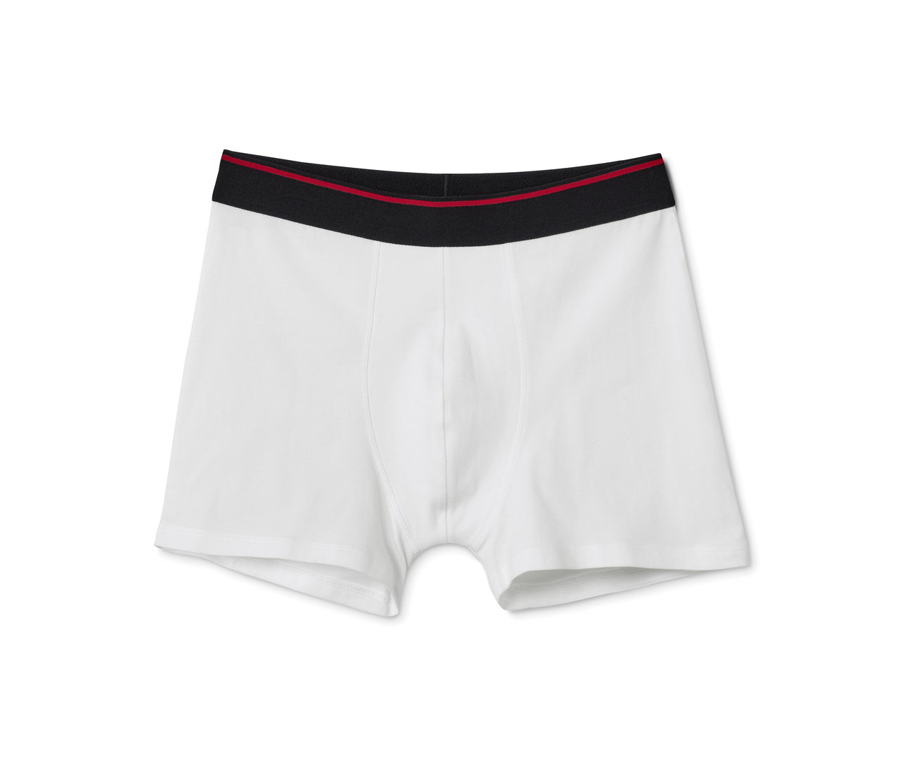 Biele boxerky s čiernym pásom a červeným prúžkom.