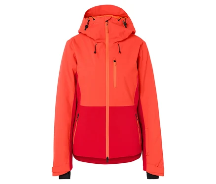 Oranžovo-červená bunda s kapucňou na zips.