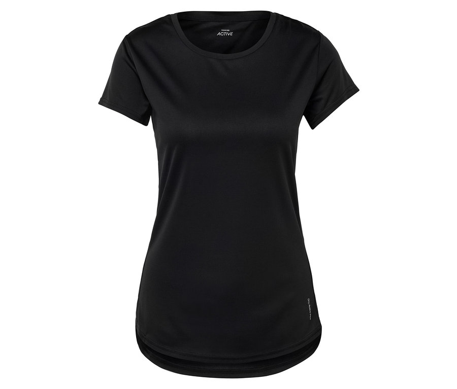 Čierne športové tričko s krátkym rukávom na bielom pozadí.