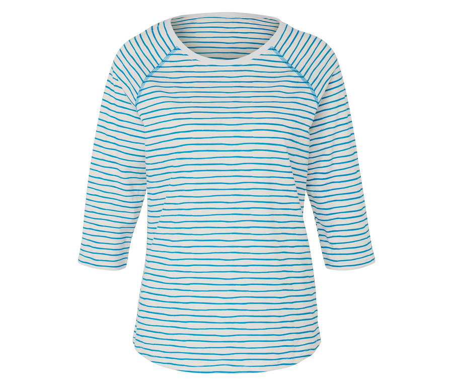 Pruhovaný krémový top s trojštvrťovými rukávmi a modrozelenými pruhmi.