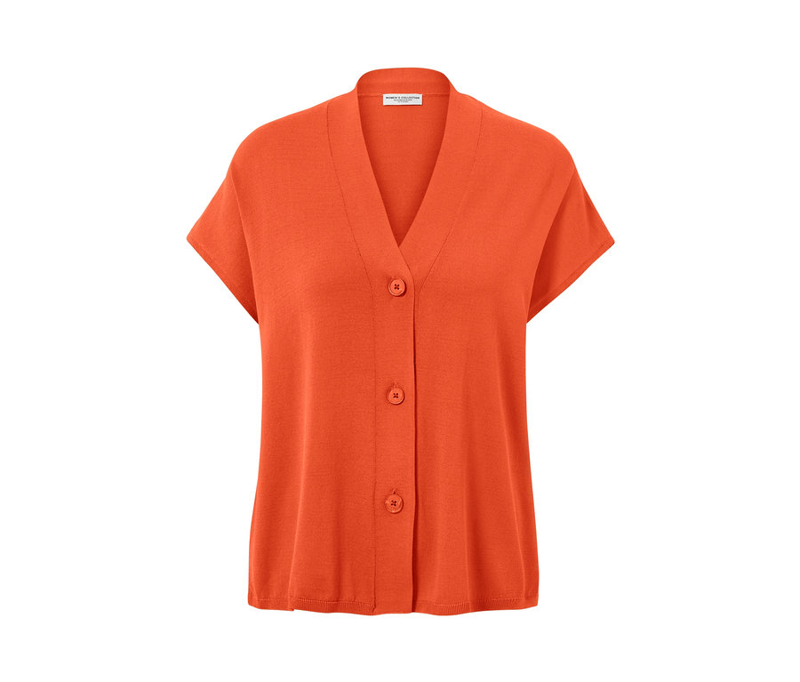 Oranžový kardigán s krátkymi rukávmi so tromi gombíkmi.