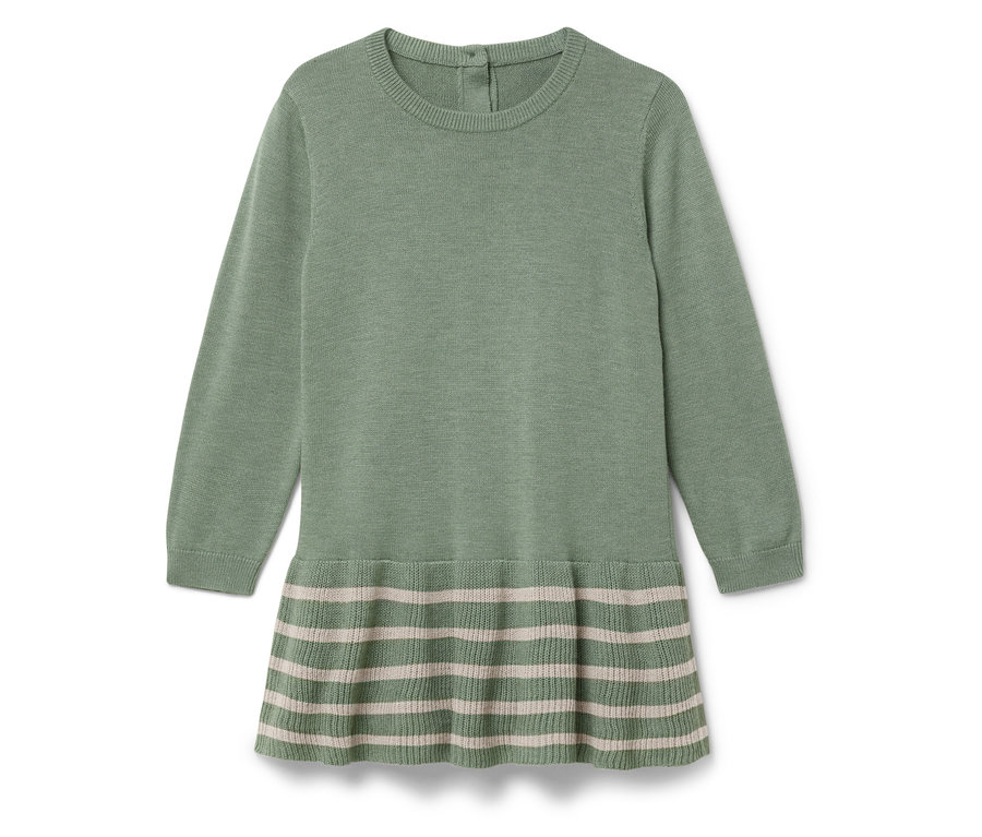 Zelené pletené šaty s dlhým rukávom a pruhovanou sukňou.