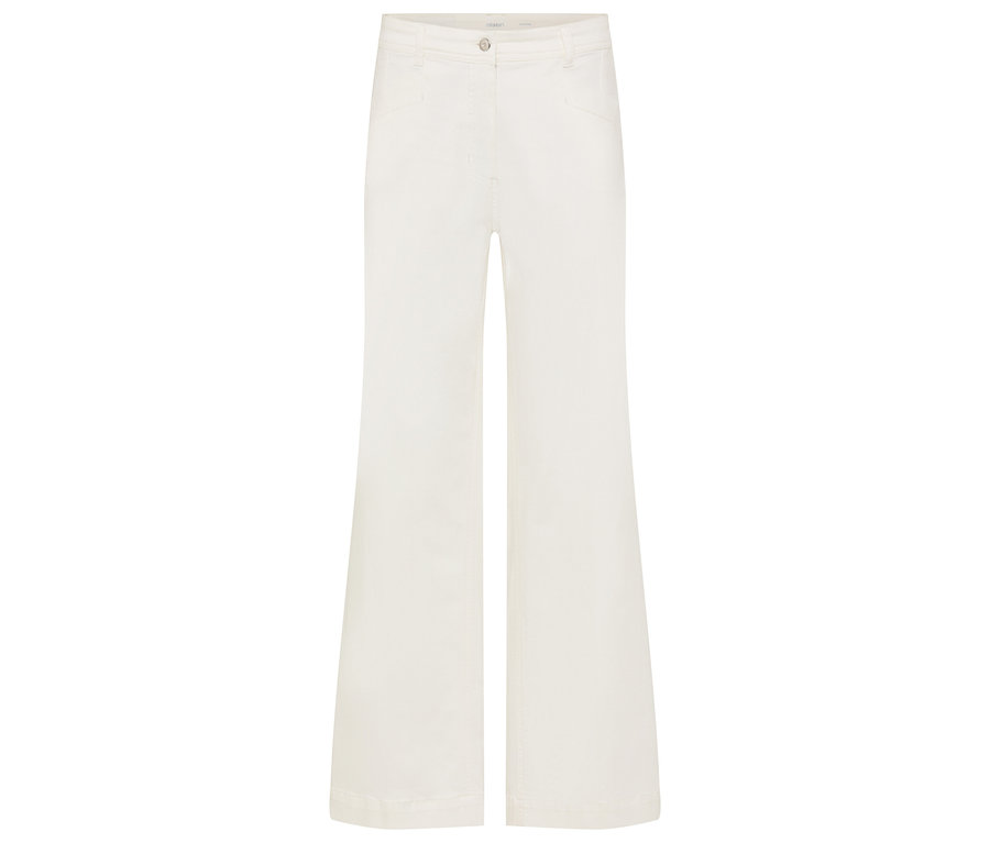 Jedny krémové rozšírené nohavice ležia na bielom pozadí.