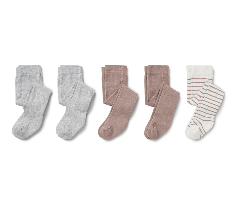 Troje pančuchových nohavíc pre bábätká v sivej, hnedej a pruhovanej farbe.