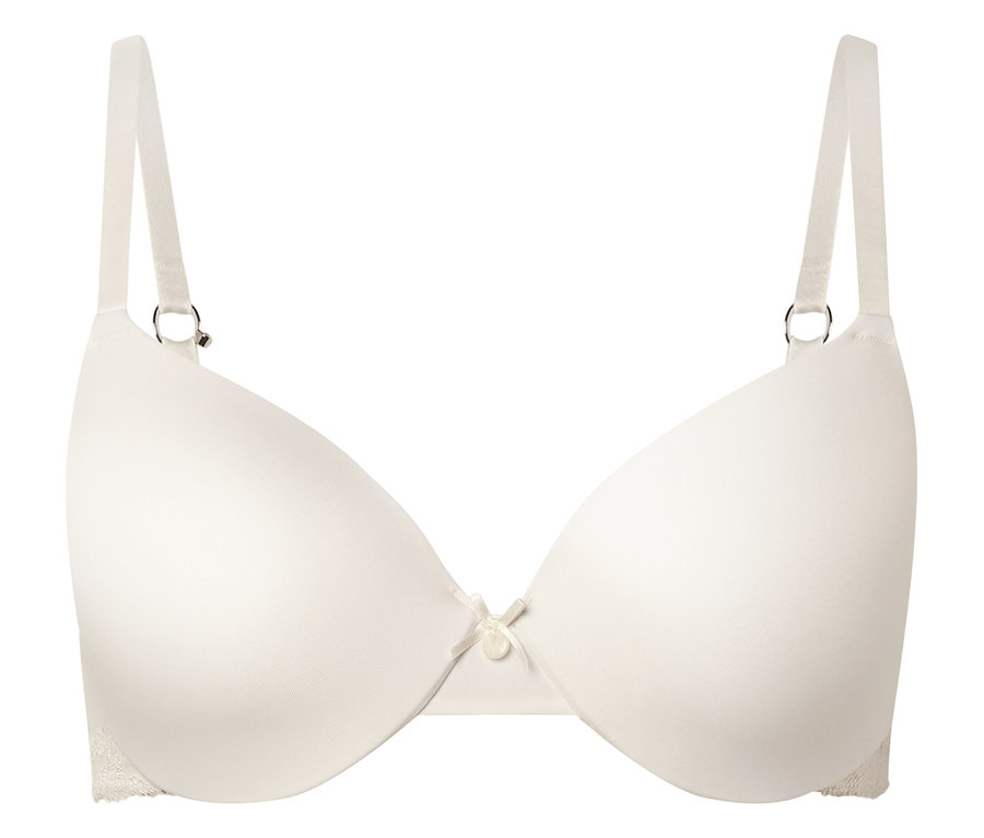 Podprsenka farby slonovej kosti s kosticami a nastaviteľnými ramienkami, vycentrovaná na bielom pozadí.