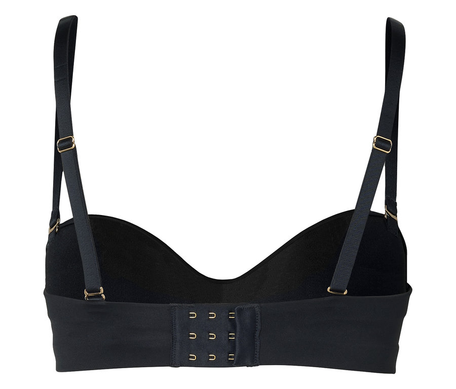 Pohľad zozadu na čiernu podprsenku s nastaviteľnými ramienkami a trojradovým zapínaním na háčiky.