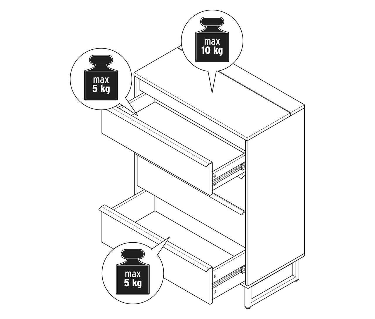 Ilustrácia komody »LEEG« so 4 zásuvkami a zrkadlom, pričom dve zásuvky sú otvorené, spolu s údajmi o hmotnosti.