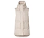 Dlhá, béžová prešívaná vesta s kapucňou, šnúrkami na stiahnutie na kapucni a v páse a našitými vreckami.