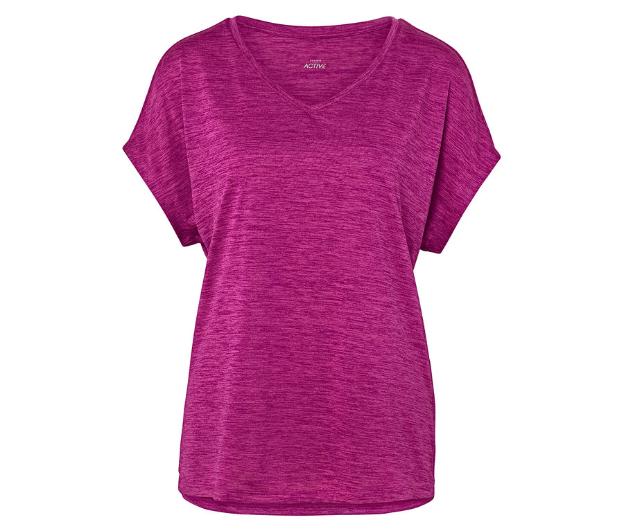 Detailný záber na melírované ružové športové tričko s véčkovým výstrihom.