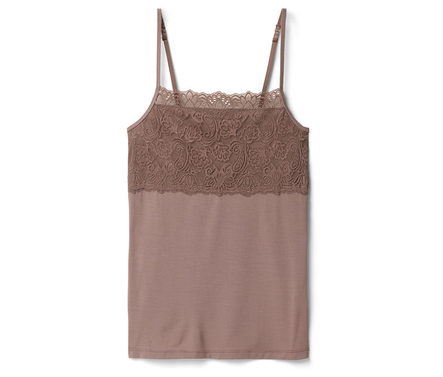 Top na ramienka s čipkovanými detailmi na hrudi.