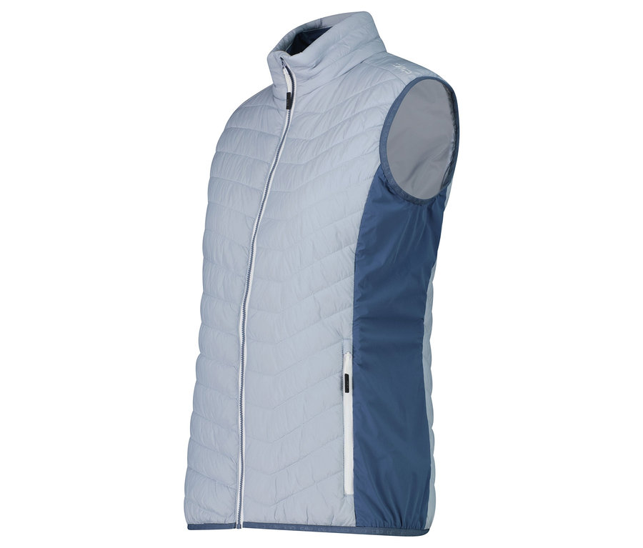 Svetlomodrá prešívaná vesta so zipsom a tmavomodrými bočnými panelmi.