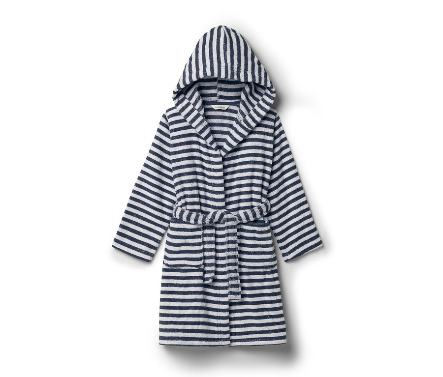 Pruhovaný župan s kapucňou a opaskom.