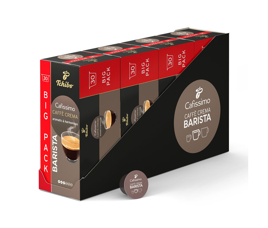 Niekoľko balení kávových kapsúl Tchibo Cafissimo Caffe Crema Barista v čiernom držiaku.