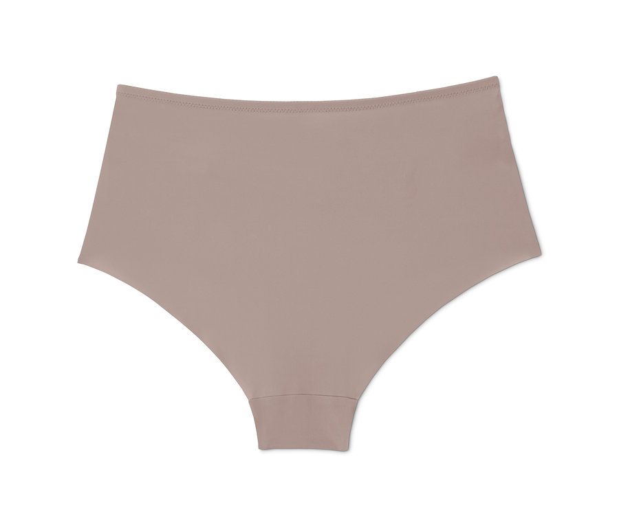 Béžové nohavičky s vysokým pásom na bielom pozadí.