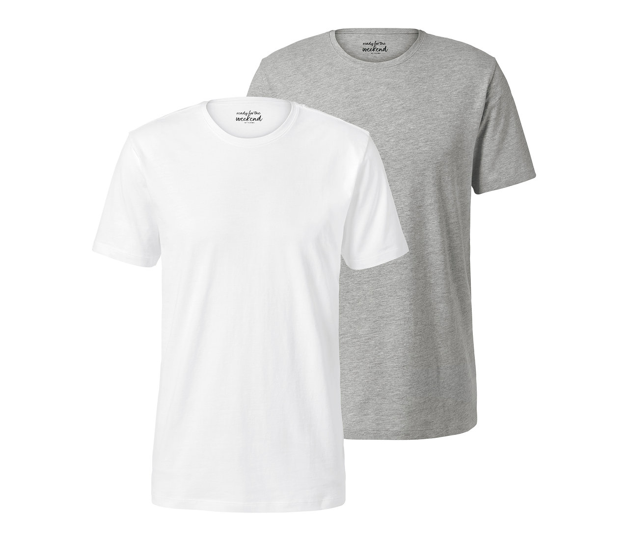 Dve tričká s okrúhlym výstrihom, biele a sivé, ležia vedľa seba.