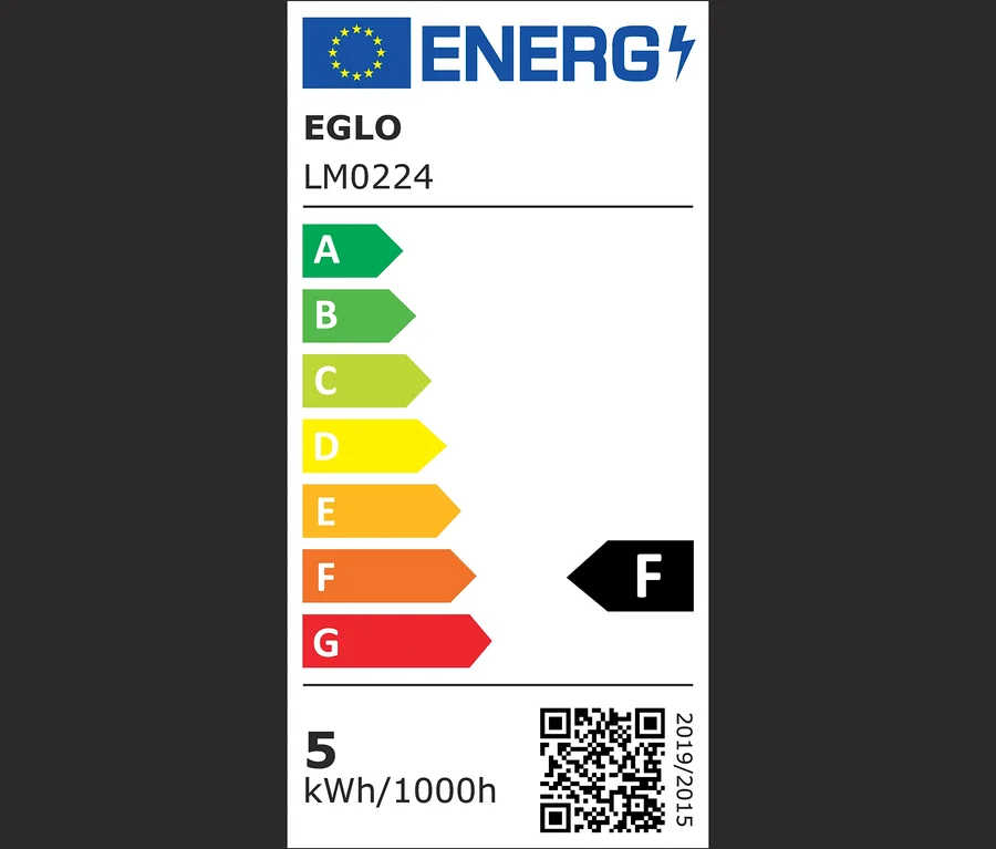 Energetický štítok EGLO LM0224 s triedami energetickej účinnosti od A po G, pričom F je aktuálna trieda.