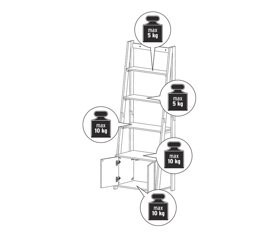 Rebríková polica so skrinkovou priehradkou, maximálna nosnosť horných políc je 5 kg a spodných políc a skrinky 10 kg.