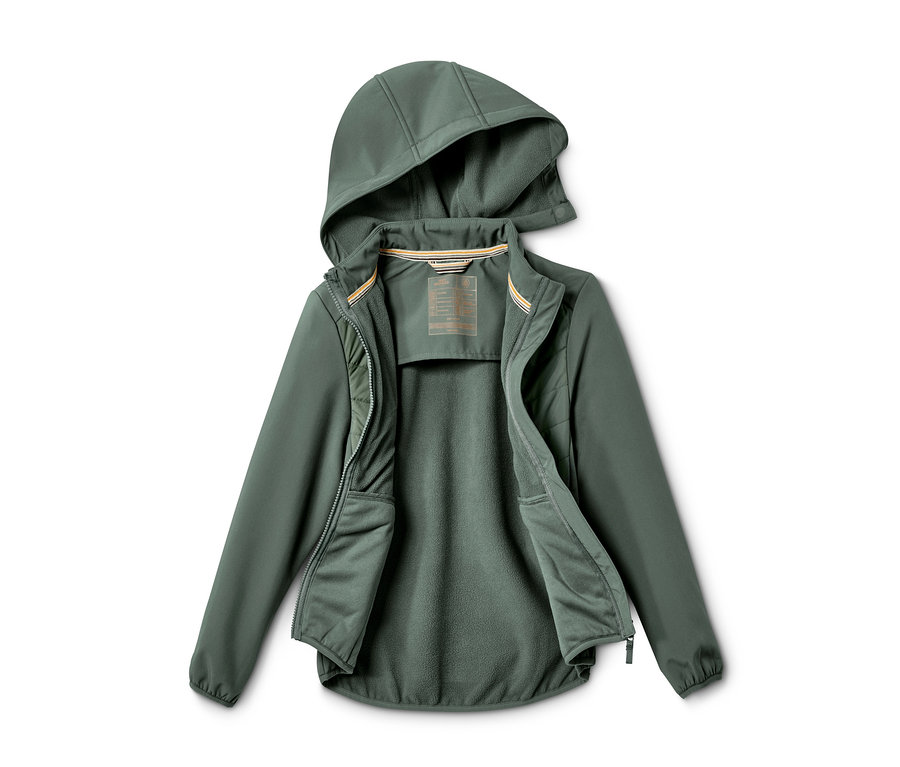 Zelená hybridná bunda s kapucňou leží otvorená na bielom pozadí.
