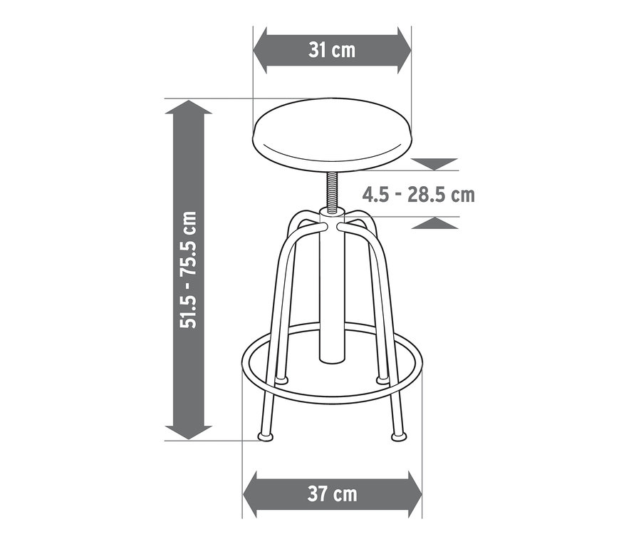 Ilustrácia barovej stoličky s nastaviteľnou výškou a rozmermi.