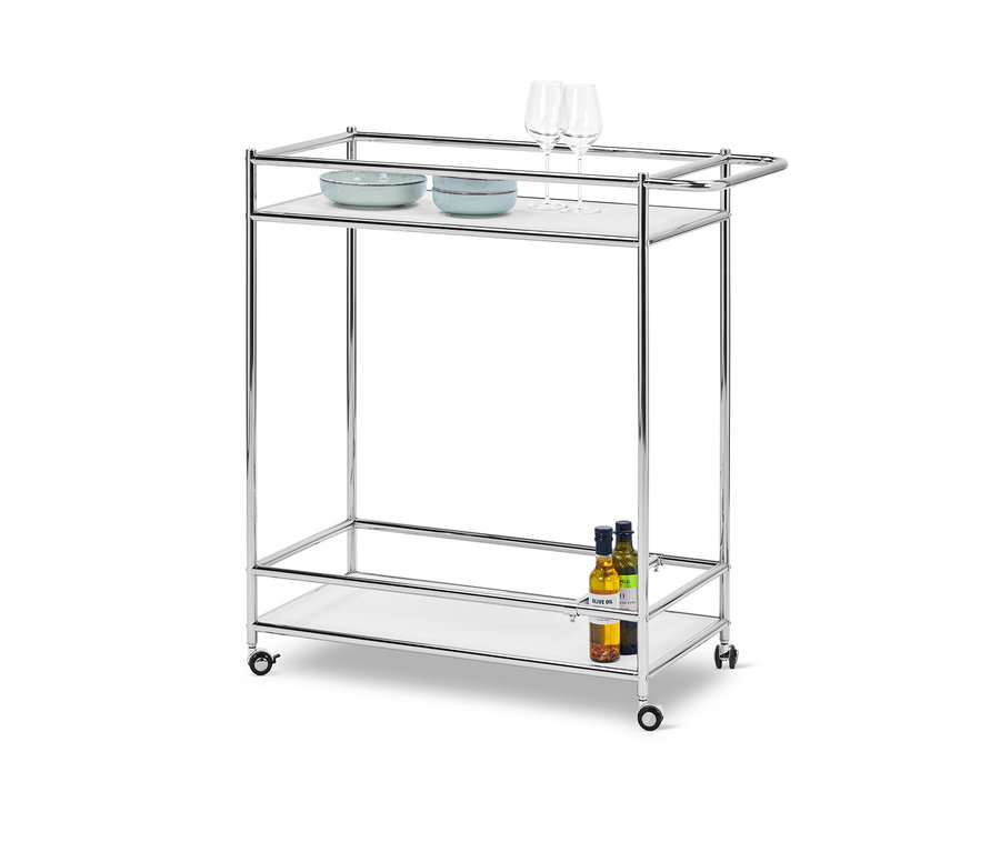 Kovový servírovací vozík »CN3« s 2 úrovňami s miskami a pohármi hore a fľašami oleja dole.