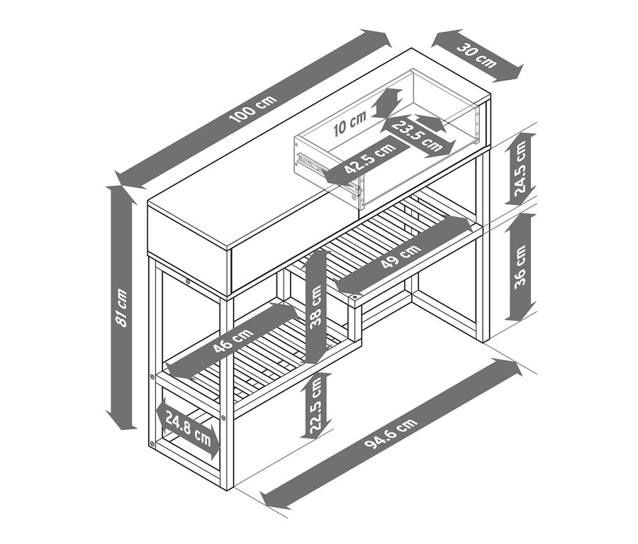 Schéma konzolového stolíka so zásuvkami s rozmermi.