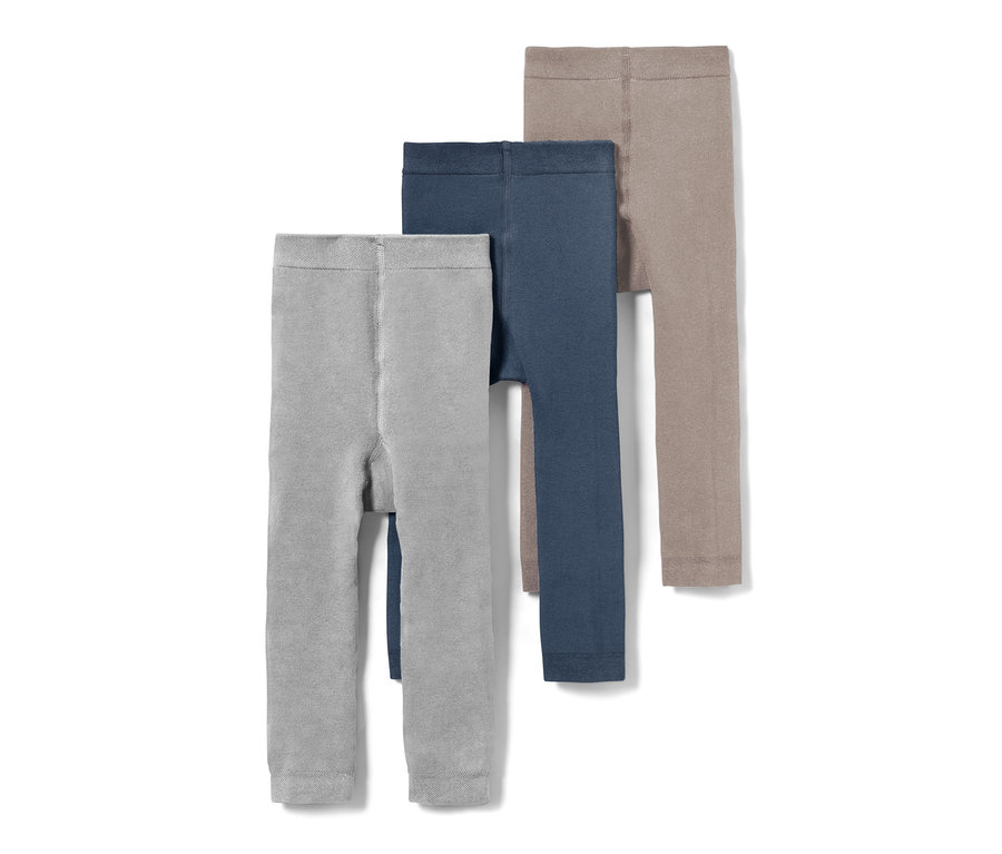 Troje detské termo legínsy, modré, sivé a hnedé.