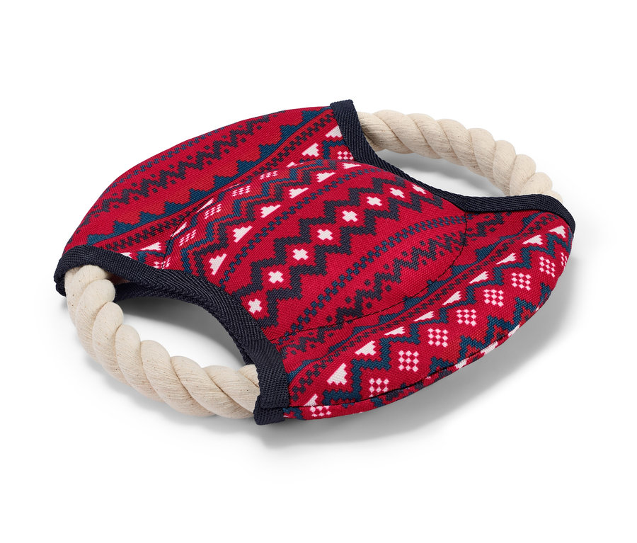 Červená hračka pre psov s lanom a vzorom