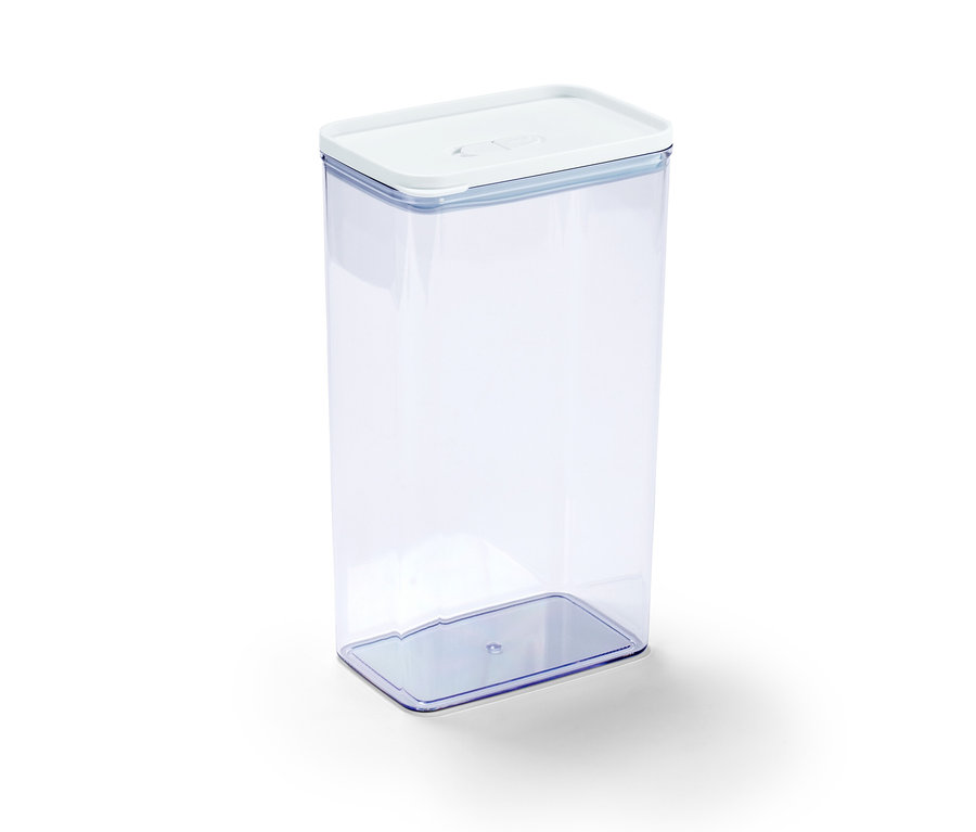 Priehľadná dóza na potraviny s bielym vekom.