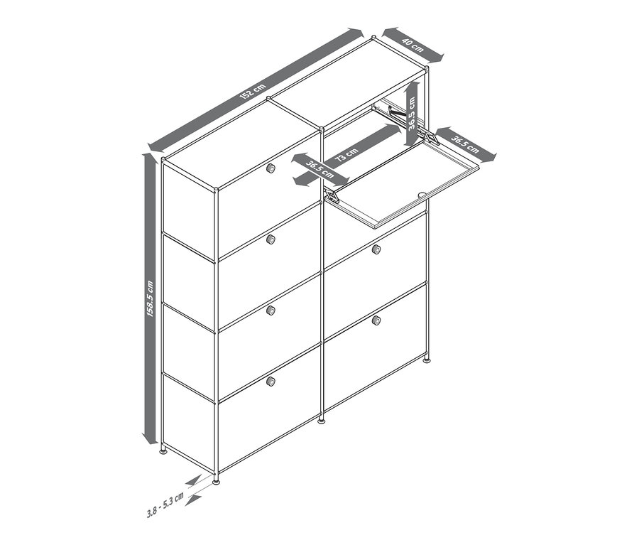 Nákres vysokej komody »CN3« s ôsmimi výklopnými dvierkami, jedna dvierka sú otvorené.