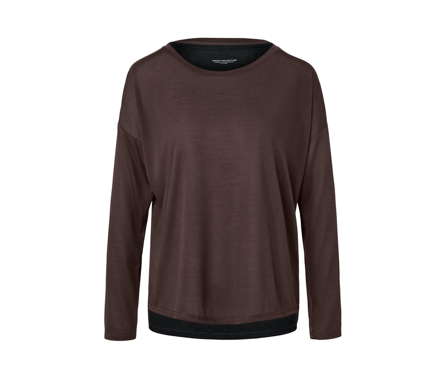 Hnedé športové tričko 2 v 1 s dlhými rukávmi.