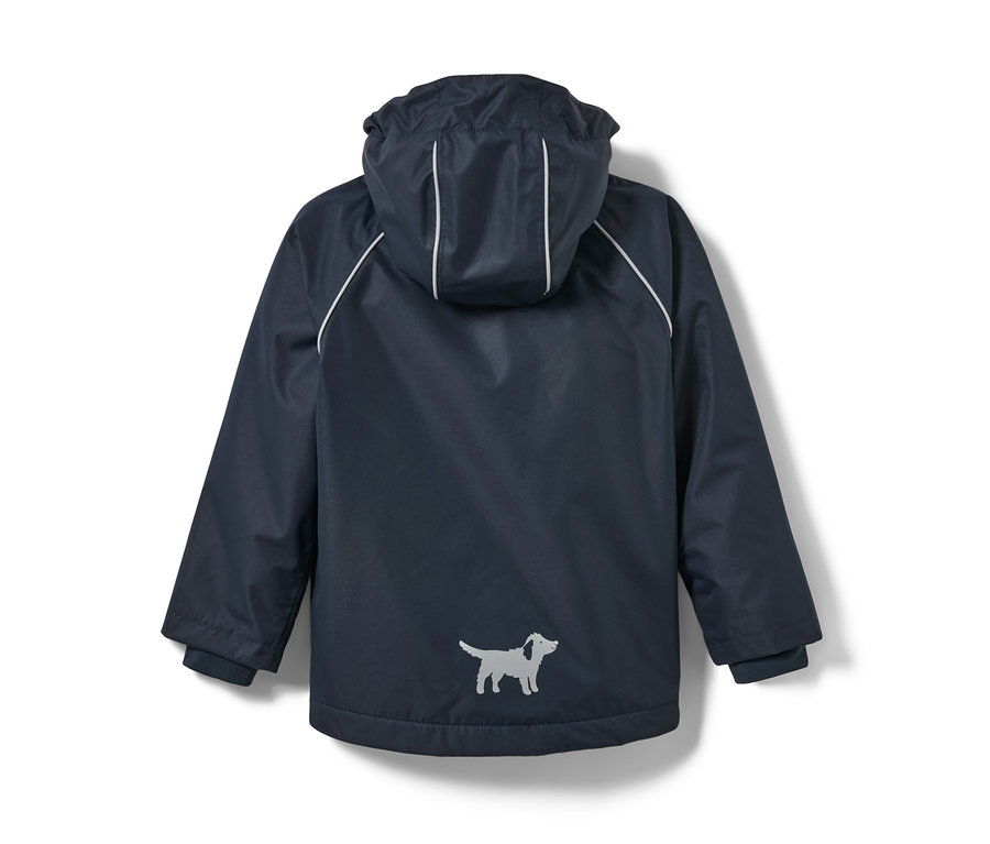 Tmavomodrá detská termobunda do dažďa s kapucňou a potlačou psa.