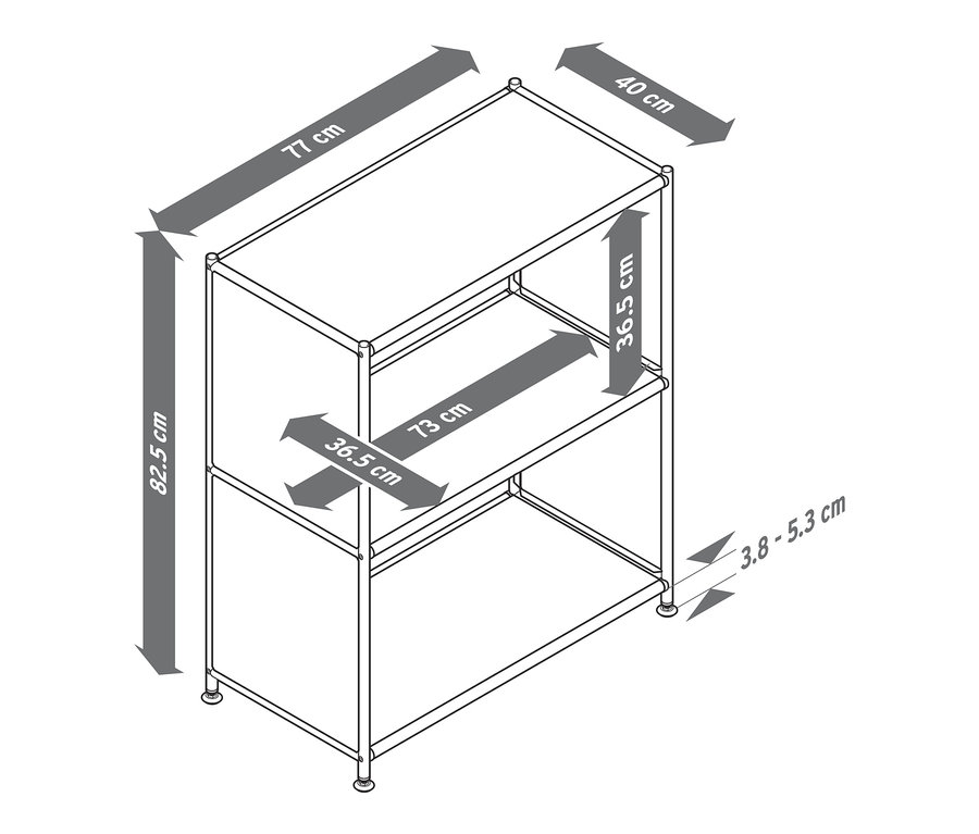 Rozmery kovového regálu »CN3« s 2 priehradkami.