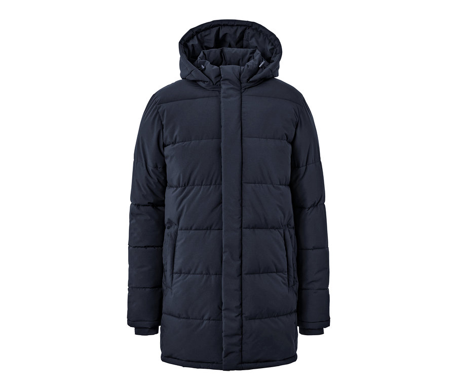 Tmavo modrá prešívaná parka s kapucňou.