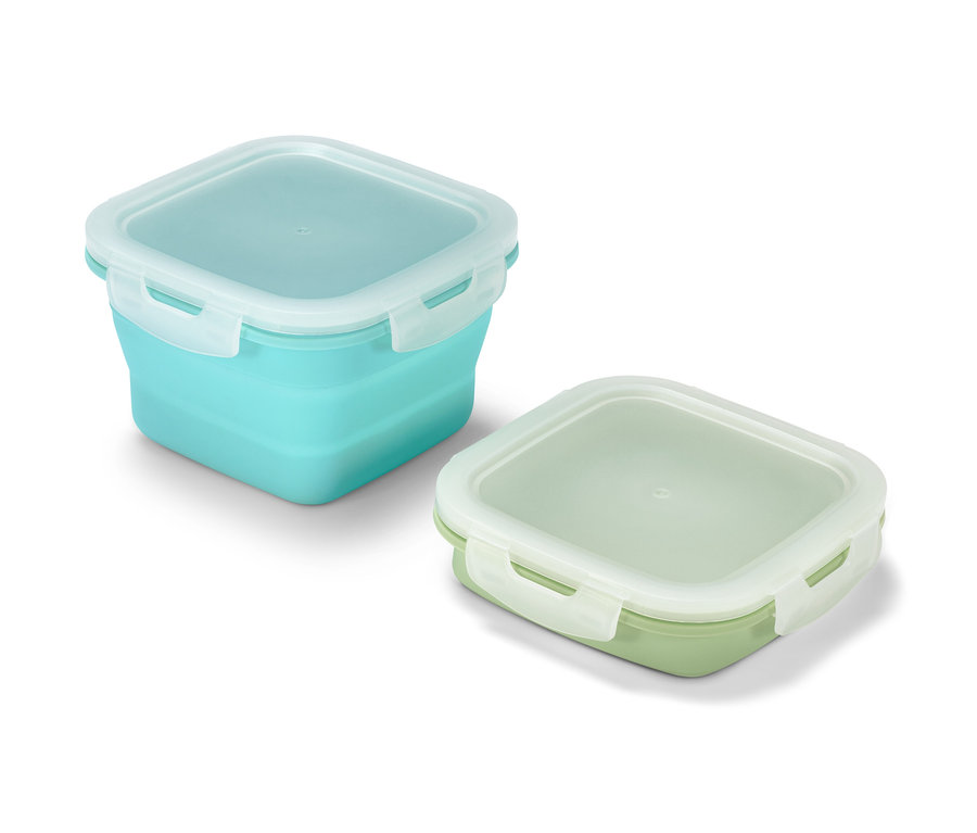 Dve dózy na potraviny, jedna tyrkysová a jedna svetlozelená.