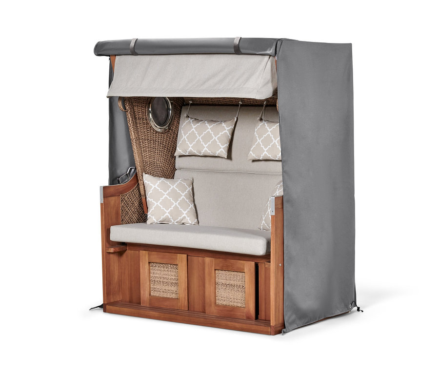 Hnedý plážový kôš veľkosti XL s béžovými vankúšmi a sivým prémiovým krytom.