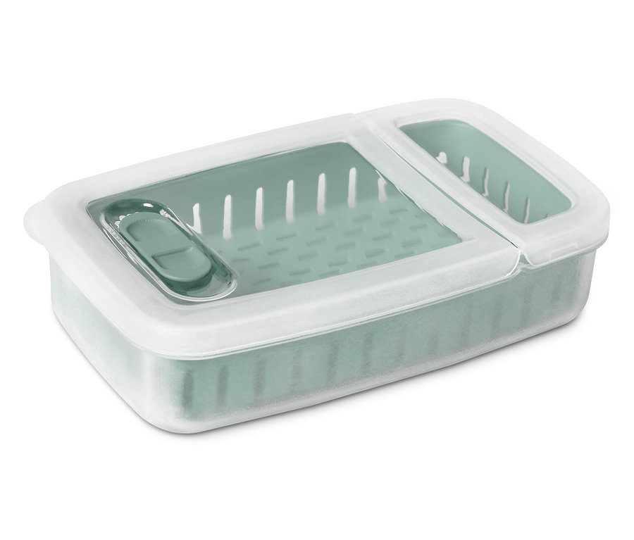 Zelená nádoba na potraviny s bielym vekom.