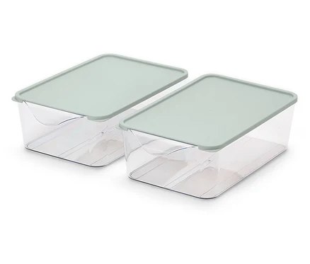 Dva priehľadné plastové úložné boxy so svetlozeleným vekom.
